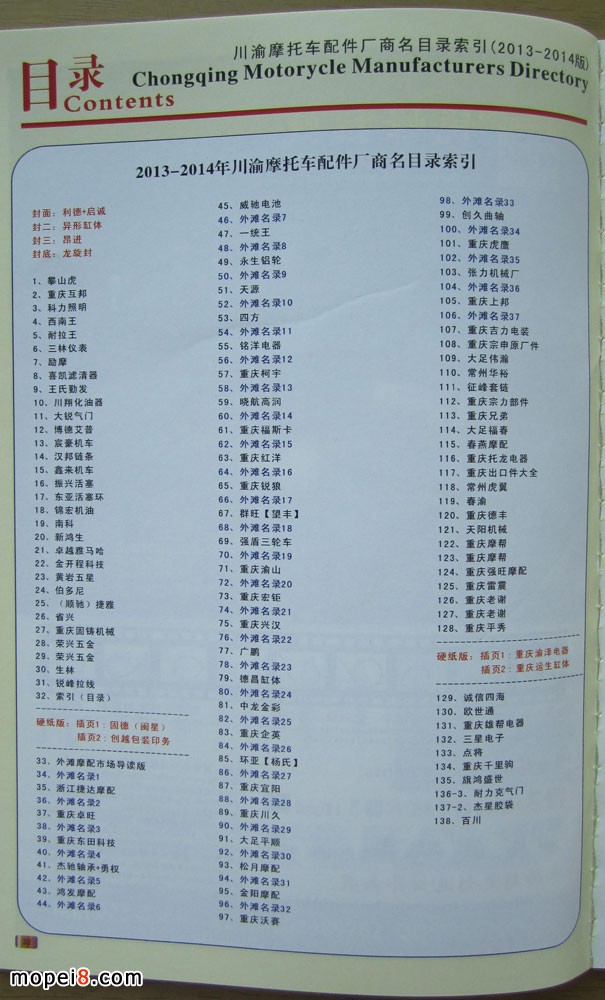 2014川渝摩托車配件廠商名錄暨重慶外灘摩配市場商戶名錄